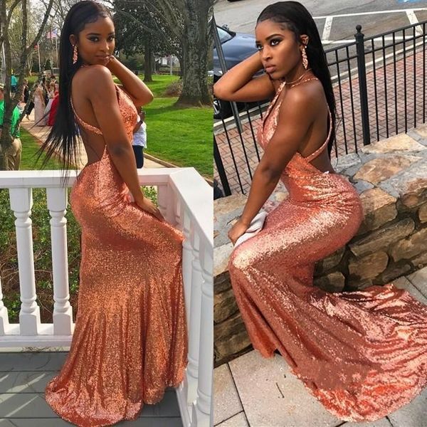 

sparkle rose pink sequins prom dresses criss cross backless black girls keyhole party red carpet evening gowns cheap
