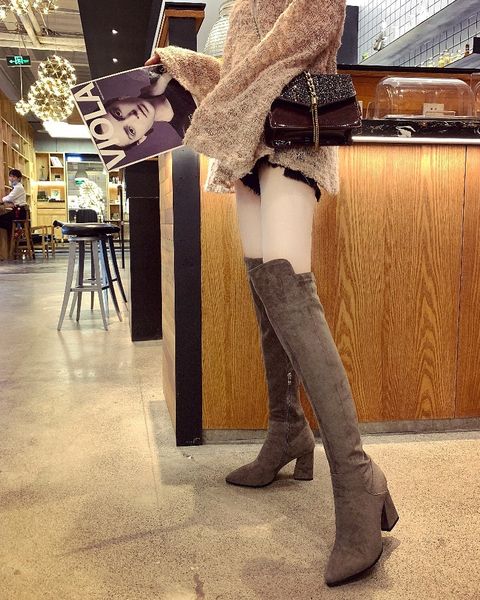 

zipper slim boots over the knee high suede women stretch boots frosted high-heeled women's large size women's shoes, Black