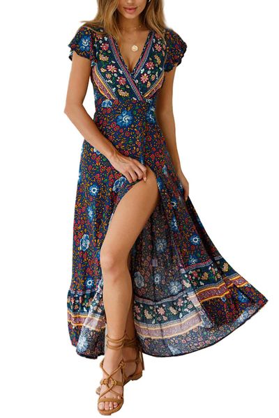 

summer long bohemian dress for women beach seaside holiday boho dresses casual v-neck floral printed dress, Black;gray