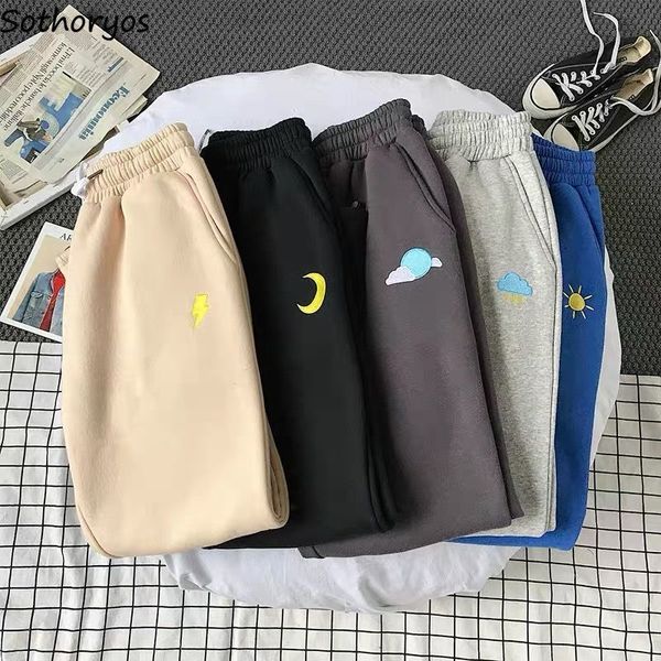 

casual pants women embroidery thickening daily ulzzang harajuku womens drawstrings korean style students ankle-length trousers, Black;white