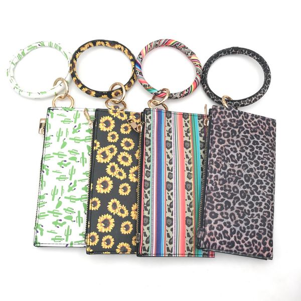 Pulseira de embreagem atacado girassol cactus leopardo chaveiro titular do cartão de couro falso coin purse presente pulseira pulseira chaveiro com carteira