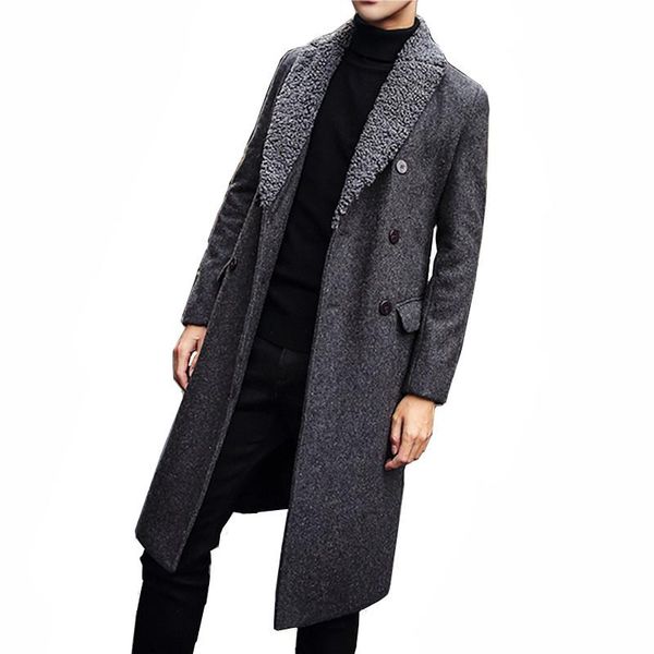 

мужской длинный тренч пальто / зима шерстяные смеси пальто мода городской высокое качество теплый меховой воротник отворот личности тонкий т, Black