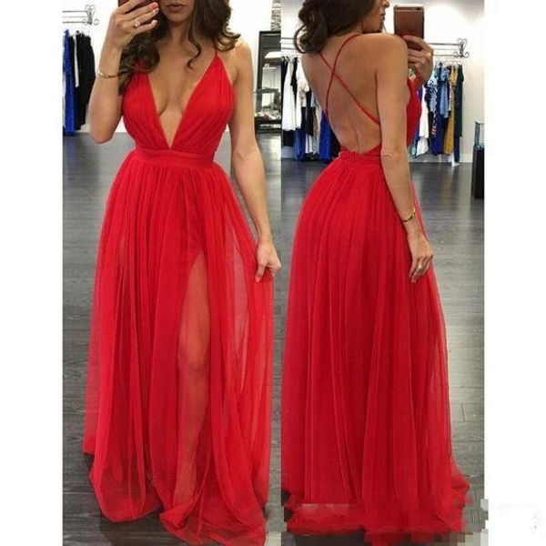 

Stunning Plunge Cheap Black Prom Dresses Backless Criss Cross-Straps Cheap Evening Gowns Sexy Tulle Long Club Party Dresses 2019 Latest
