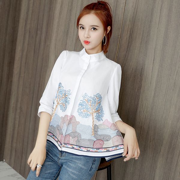 

qoerlin s-3xl embroidered blouse white women 2019 floral shirt 3/4 sleeve plus size single-breasted female elegant shirts
