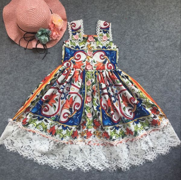 

2020 summer sleeveless girls strap dress baby kids vintage children fashion floral print embroidery lace patchwork dress t200417, Red;yellow