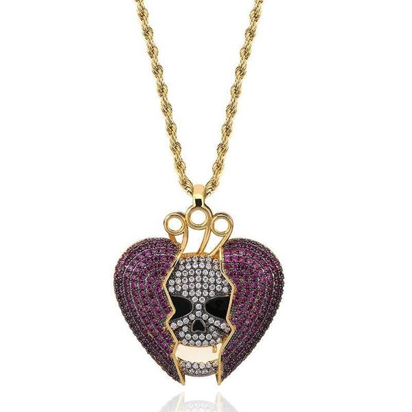 

18k gold plated hip hop personalized skeleton broken heart pendant chain necklace copper iced out purple cz cubic zircon for men and women, Silver