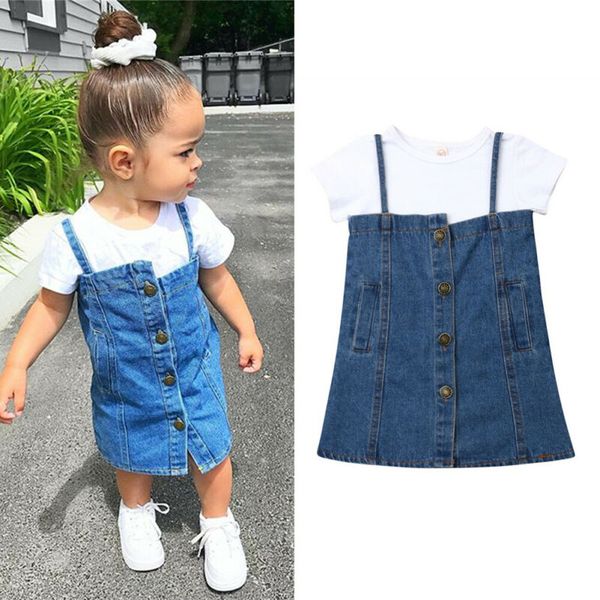 

sweet toddler kid baby girl clothes casual shirt denim dress jean skirt outfit, White