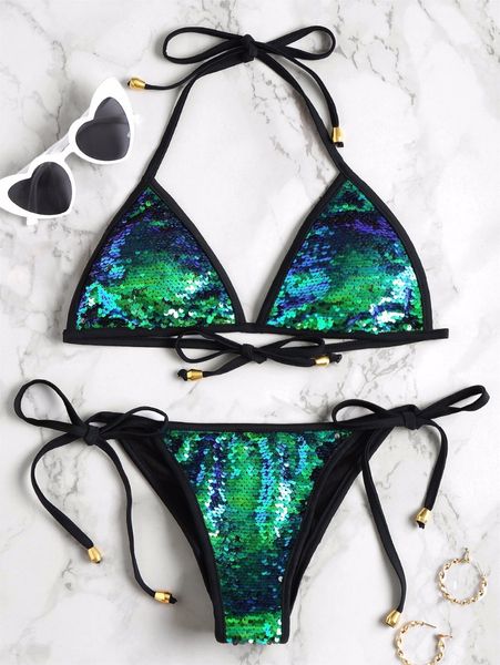 

женщины с низким waisted шнуровка купальник self-галстук sequined холтер строка бикини set женский купальный костюм beachwear biquini купаль, White;black