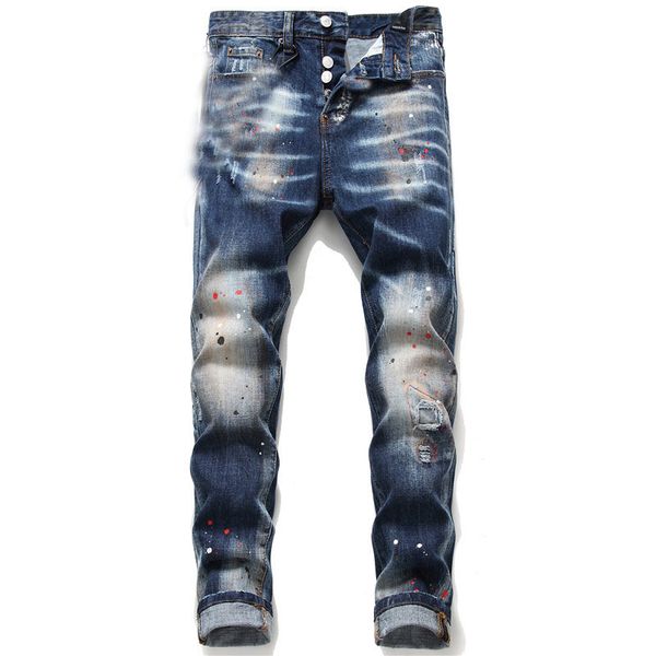 

unique mens distressed ripped blue skinny jeans fashion designer slim fit washed motocycle denim pants panelled hip hop biker trousers 1048