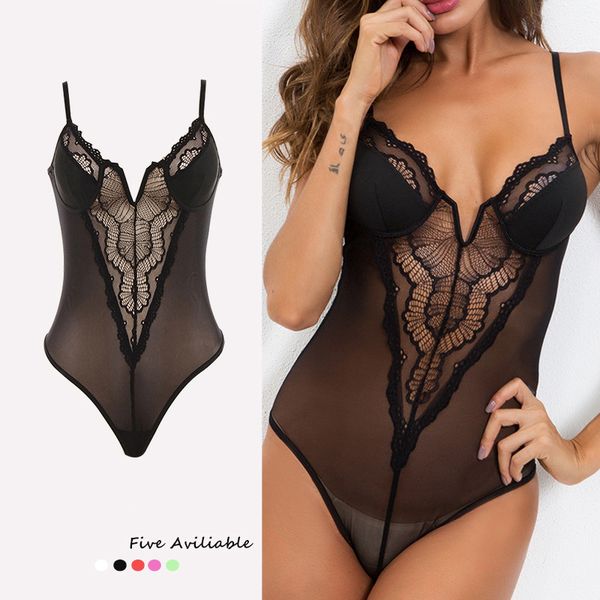 

mq 2019 summer women bodysuit female romper lace hollow out v-neck bodycon sling club mesh solid red bodysuit for women, Black;white