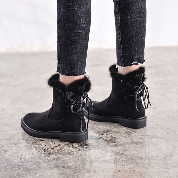 

women's mid-calf boots 2019 winter leather snow boots plush warm woman shoes low heels ladies winter boot shoes plus size 43, Black