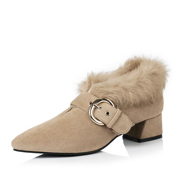 

winter lady womeen shoes low heels 3cm fashion luxury rabbit fur shoes vintage style classic pointed toes office drees designer shoes, Black