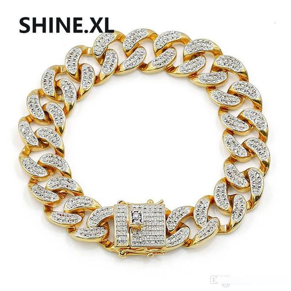 

14mm 20cm hip hop men's bracelet miami white gold color cuban link iced out full cz stone bling party jewelry, Black