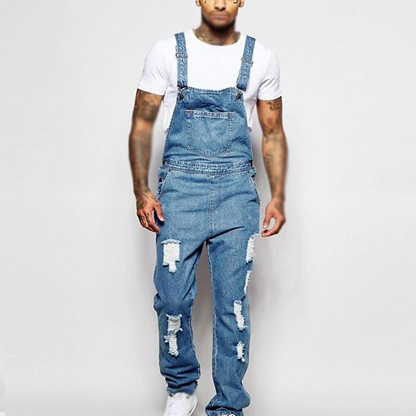 

men's jumpsuits oversize denim long overalls loose casual holes fashion men playsuits, Blue