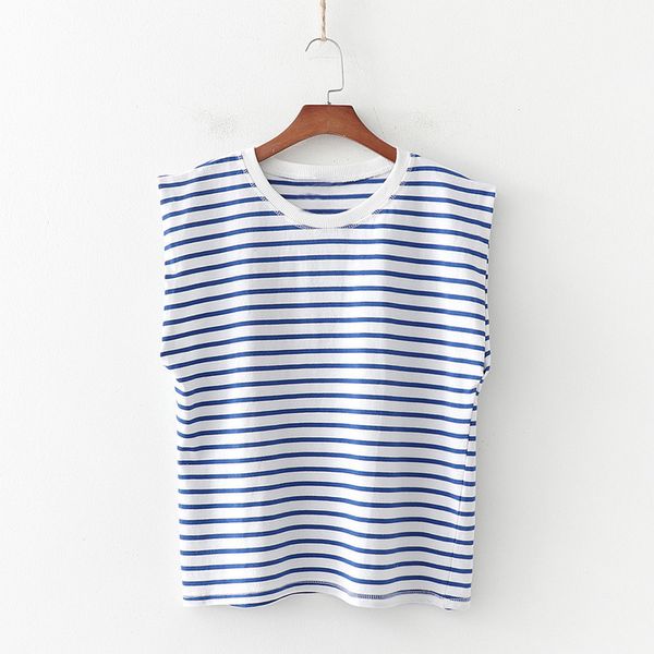 

striped print vintage women t-shirt padded shoulder sleeveless o-neck female tshirts summer casual streetwear ladies t shirts, White