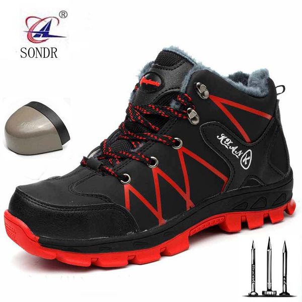 

waterproof winter safety shoes boots for men casual snow warm fur work indestructible boots steel toe men's black 36-47