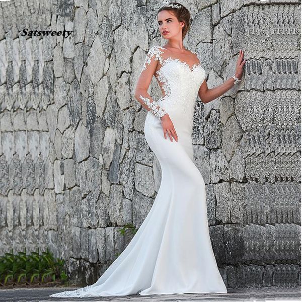 Sereia vestidos de noiva Turquia apliques de renda personalizado feitos sob encomenda vestido de manga longa vestido vestidos de noiva