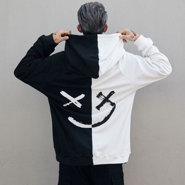 

happy smiling face mens hoodies sweatshirt print mens patchwork hoodies long sleeve hooded pullover jumper sweatshirts men, Black