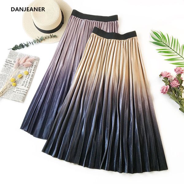 

danjeaner gradient color velvet elegant long skirts women spring high waist pleated skirt elegant casual korean skirts faldas, Black;gray