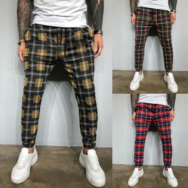 

2019 high wasit spring summer fashion pocket men's slim fit colorful plaid straight leg trousers pencil jogger casual pants, Black