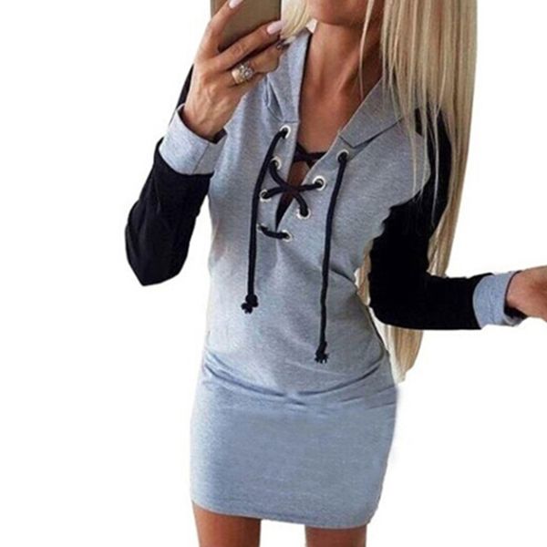 

autumn women hooded long sleeve dress v-neck lace up bodycon hip dresses ladies patchwork hip mini dress, Black;gray