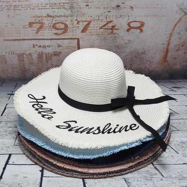 

handmade weave sun hats for women black ribbon lace letter large brim straw hat female vacation beach summer caps high quality, Blue;gray