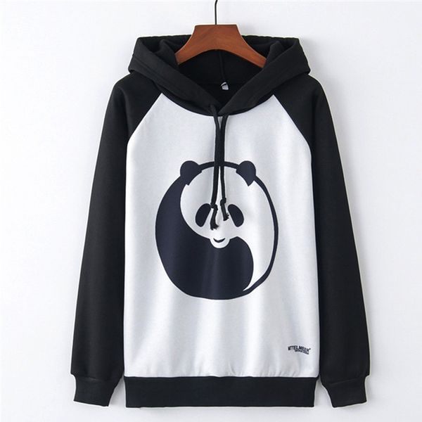 

feitong woman sweatshirt hoodies kawaii panda printed long sleeve hooded casual loose o-neck outwear jumper pullover moletom new, Black