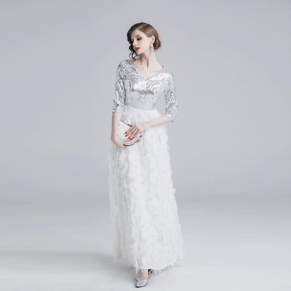 

new elegant sliver sequin women party dress ladies summer half sleeve v-neck tassels feather birthday long female vestidos no893, Black;gray