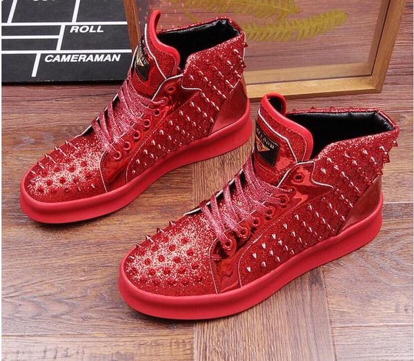 

fashion men high british style rrivet shoes men causal luxury shoes red gold black bottom rubber shoes for male c13