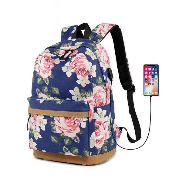 

fashion flower design backpack female usb 19-inch bookbag for student school bags floral travel rucksack girls backpack mochila