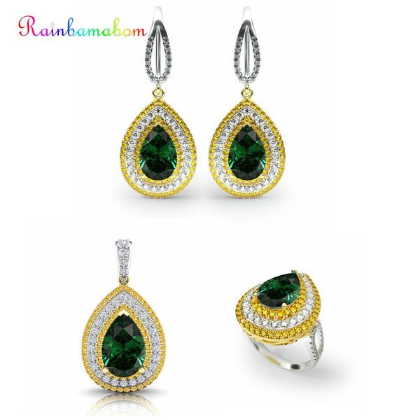 

rainbamabom real 925 solid sterling silver sets water drop pear emerald gemstone necklace/earrings/ring jewelry sets wholesale, Black