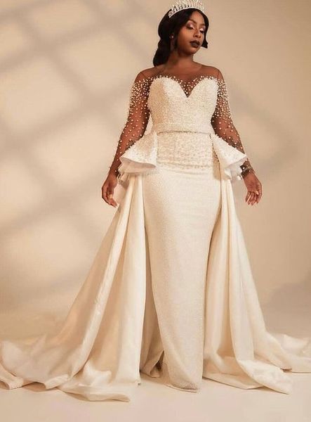 

amazing pearls designer african wedding dresses bridal gowns long illusion sleeves beaded satin a line court train wedding gowns cheap, White
