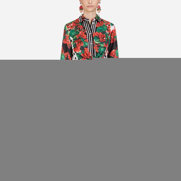 

2019 summer runway designer skirt suit women long sleeve flower print bow shirt dot crop pleated skirt two pieces blouse set, White