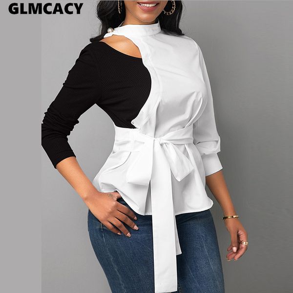 

women o neck full sleeve colorblock shirt casual sashes workwear blouse elegant peplum, White