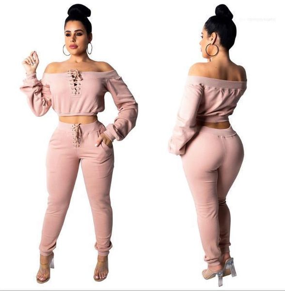 

pants solid color long sleeved pullover womens fashion tracksuits slash neck womens designer tracksuits slim 2 piece, White