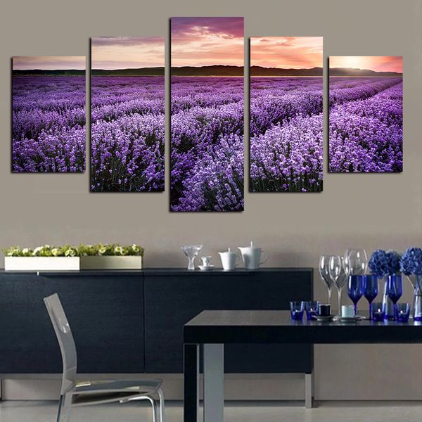 

5 piece canvas wall art oil paintings giclee print sunset purple lavender field flowers landscape poster for living room home decor