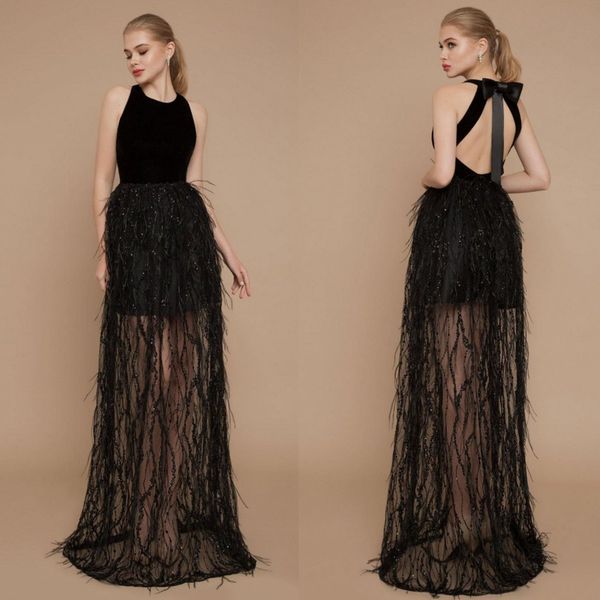 

2020 marchesa black prom dresses feather beaded a line sleeveless jewel neckline evening gowns party dress custom made backless gowns