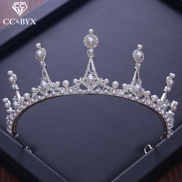 

cc big tiaras and crwons hairbands luxury cz pearl queen engagement wedding hair accessories for bridal pageant jewelry xy121, Golden;white