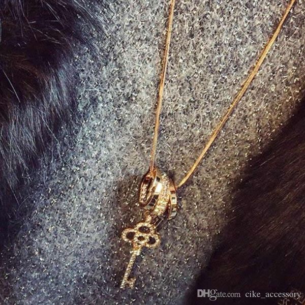 

women sweater necklace three circle with key pendant white acrylic setting gold silver color plated with metal long chain