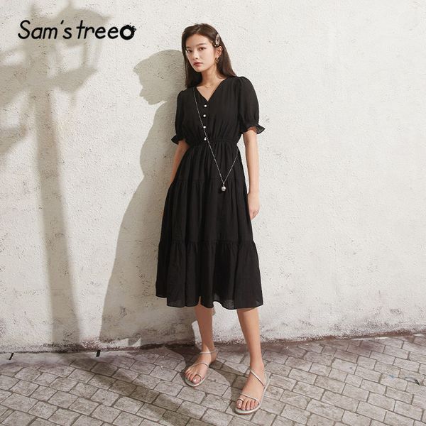 

sam's tree black solid high waist chic button casual women dresses 2020 summer new short frill sleeve ladies korean daily dress, Black;gray