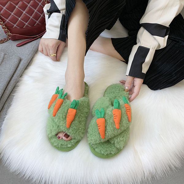 

women 2020 candy-colored plush slippers cross fruit home cotton slippers women flat vegetables bananas slides, Black
