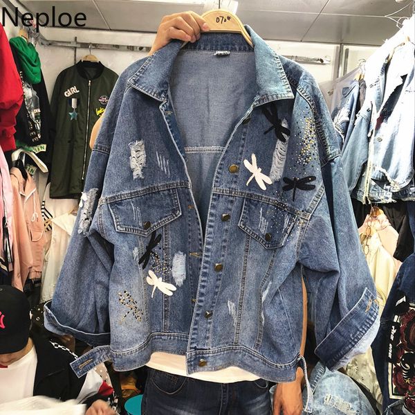 

neploe diamonds holes loose jeans jacket dragonfly appliques single breasted pocoket cowboy coat 2019 autumn demin outwear 53720, Black;brown