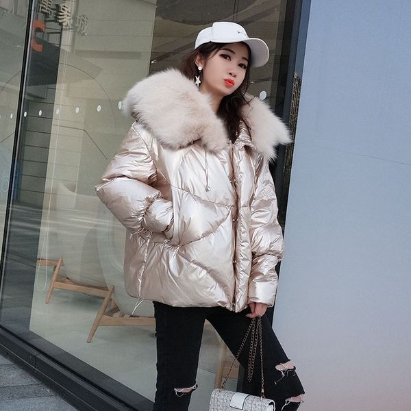 

fur winter down jacket women's short version of the new 2019 korean version slim loose women's winter warm coat, Black