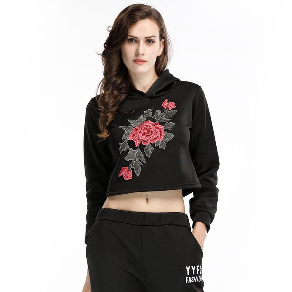 

womens designer hooded plus velvet thick flower embroidery sweater short long sleeve shirt womeniu0y, Black;brown