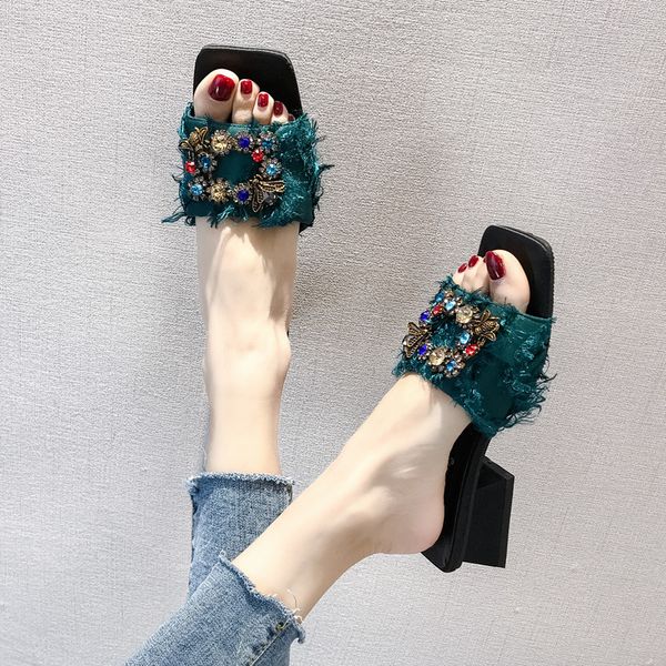 

square thick heel open toe slippers female colorful crystal galdiator shoes summer shoes woman luxury slides 2020, Black