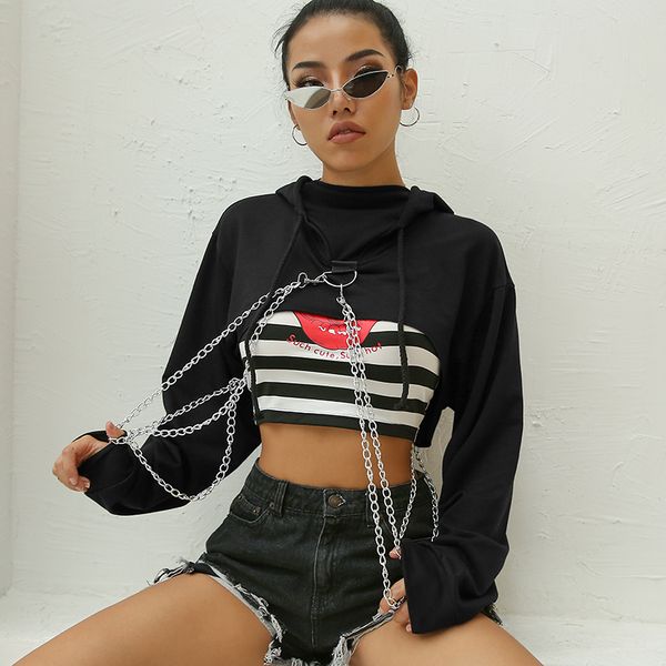 

sweetown черного crop крупногабаритных толстовок женщина streetwear осень стиль punk с длинным рукавом водолазка корейской толстовка женщина, Black