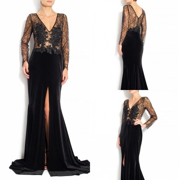 

2020 black mermaid evening dresses v neck long sleeve front split appliques satin prom dress sweep train sheath formal dresses, Black;red