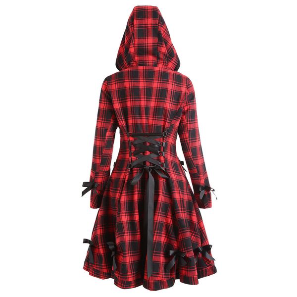 

autumn winter gothic trench coat vintage red black plaid plus size back bandage overcoat hooded long goth single breasted coats, Tan;black