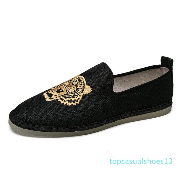 

hemp espadrilles mens tiger embroidery casual shoe slip on loafer flat shoes handmade fisherman canvas shoes sneaker t13, Black