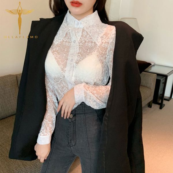 

turn down collar perspective women blouse single-breasted splice printed long sleeve shirt summer office lady lace female top, White